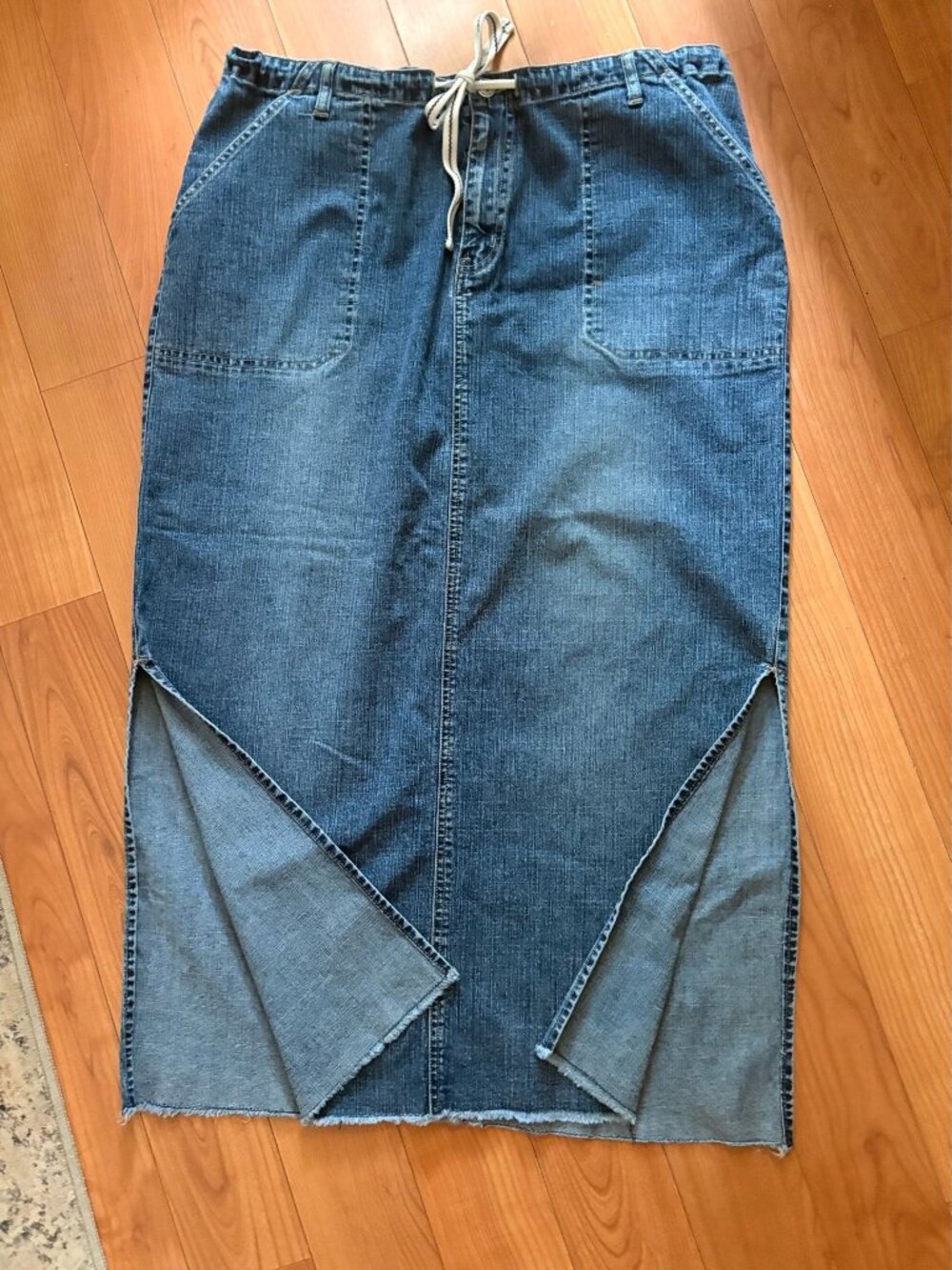 VTG Venezia Y2K Denim Maxi Skirt - Drawstring, Slit - Size 18
